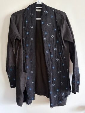 EUC Maiwa Open-Front Wrap Jacket Cardigan in Black & Indigo Pattern Size Small